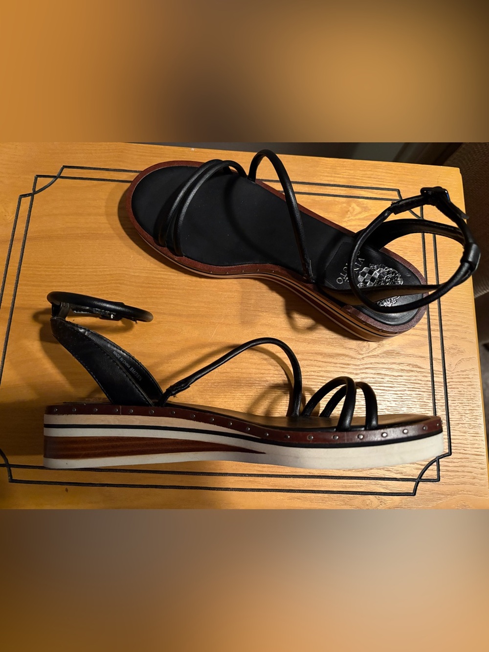 Vince Camuto Black Strappy Platform Sandals with Brown Trim